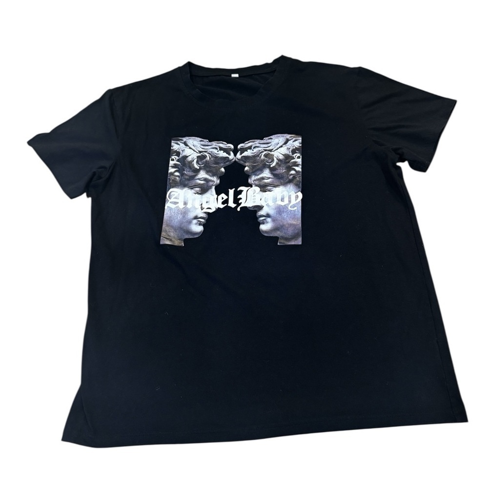 Shein black short sleeved T-Shirt, "Angel Baby" spell out, statues of David, XL.